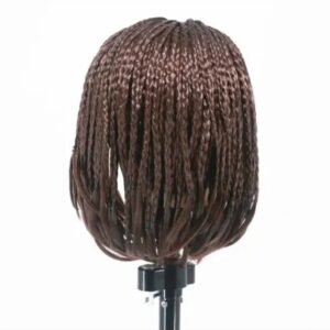 Short brown braided bob wig on a stand